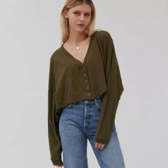Out From Under by Urban Outfitters Olive Button-Up Cropped Top - Picture 1 of 7